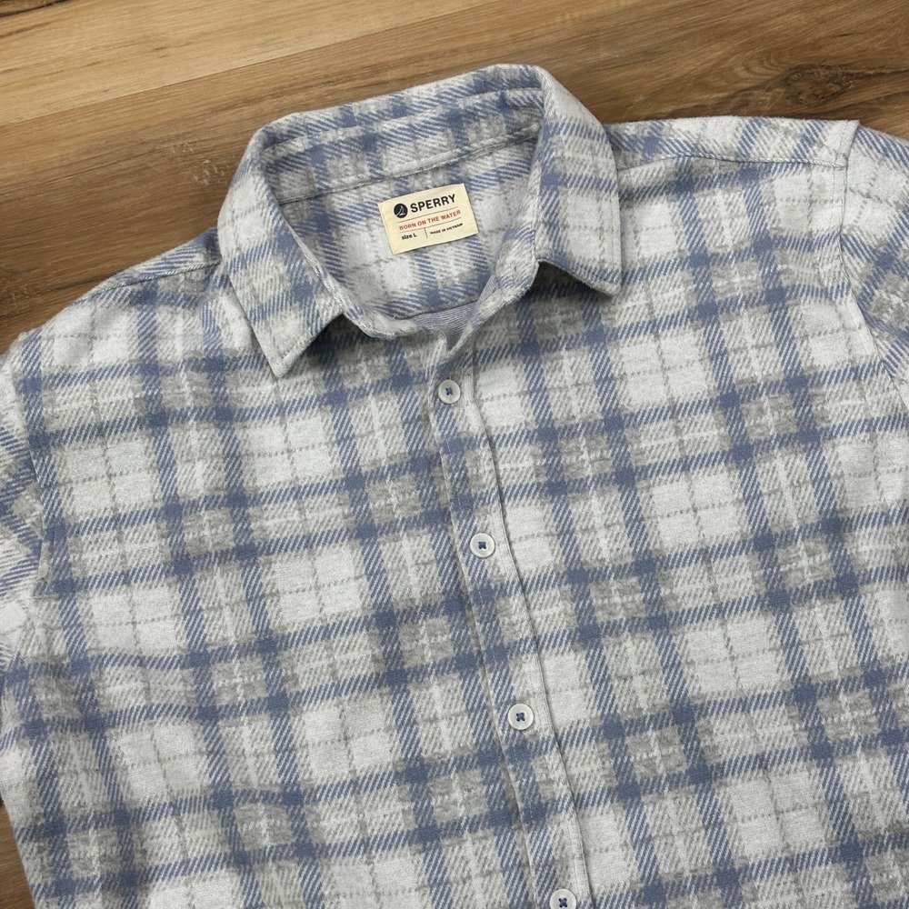 Sperry Fleece Flannel Shirt Mens L Heritage Stretch Plaid Blue Grey Casual